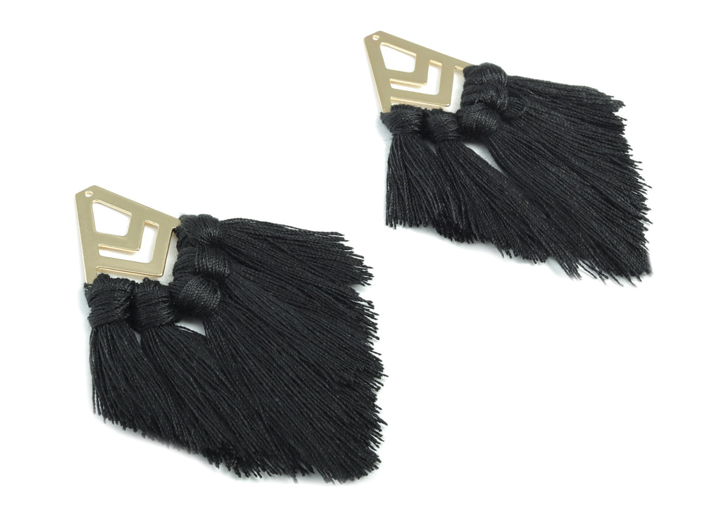 Tassel Earring Charms - Cotton Black Tassels - Diamond Gold Brass Earrings - Fringe Tassel - Jewellery Supplies - 90.24x28.65x5.7mm - TS1167 - DOMEDBAZAAR