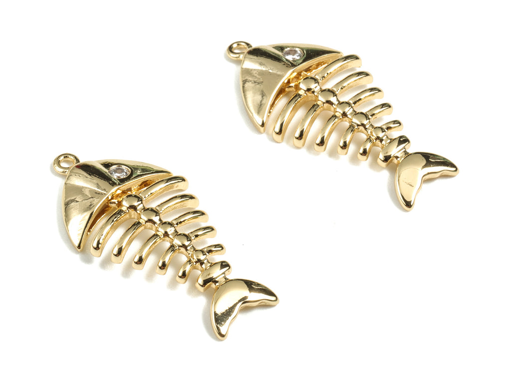 Brass Fish Bone Earring Charms - Gold  Fish Bone Pendant - 18K Real Gold Plated Brass - Jewelry Supplies - 26.64x13.22x2.9mm - RGP2669 - DOMEDBAZAAR
