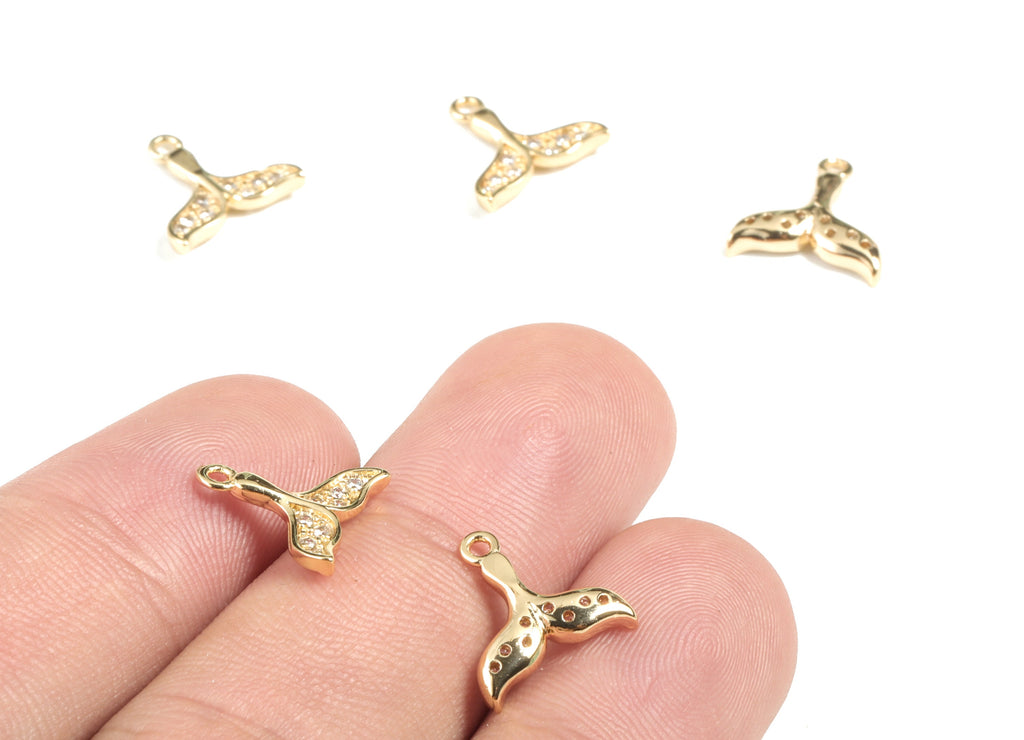 Gold Whale Tail Earring Charms - 18K Real Gold Plated Brass Whale Tail Charm With Zircons - Jewelry Supplies - 11.7x11.67x2.12mm - RGP2704 - DOMEDBAZAAR