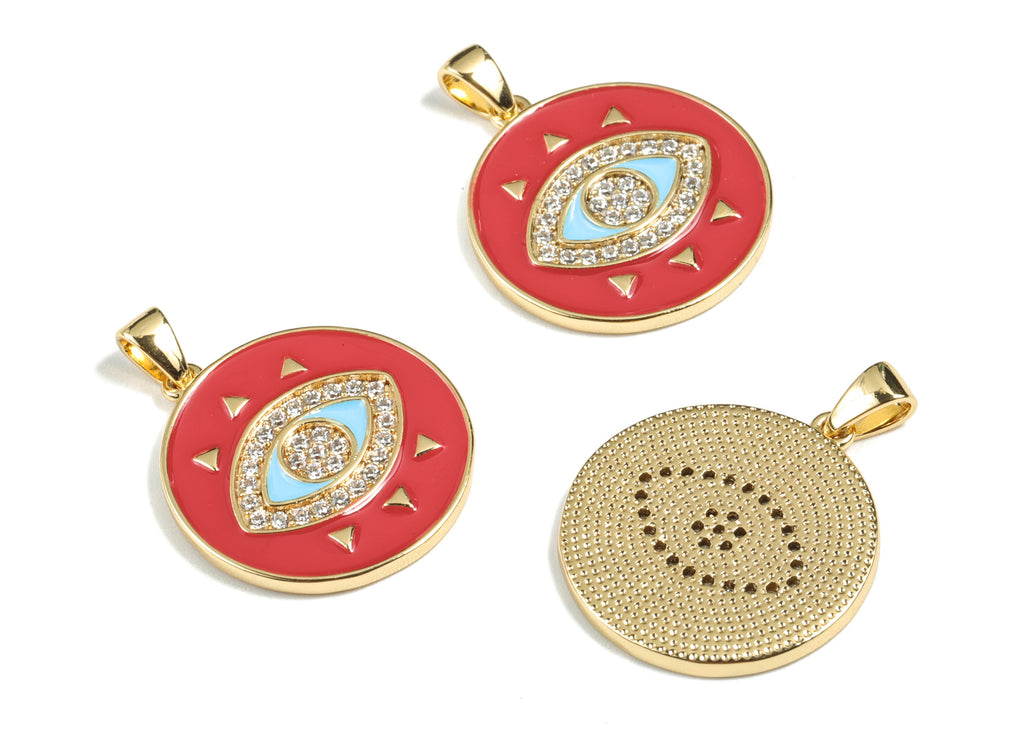 Brass Eye Earring Charms - 18k Real Gold Plated Round Pendant - Enamel Zircon Charm - Jewelry Supplies - 26.52x20.02x1.82mm - RGP2666 - DOMEDBAZAAR