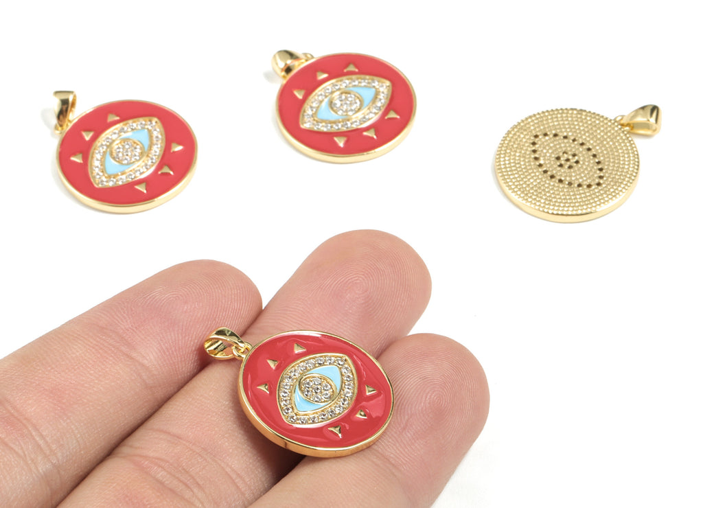 Brass Eye Earring Charms - 18k Real Gold Plated Round Pendant - Enamel Zircon Charm - Jewelry Supplies - 26.52x20.02x1.82mm - RGP2666 - DOMEDBAZAAR