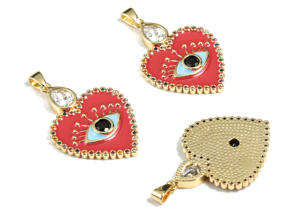 Brass Heart Eye Earring Charms - 18k Real Gold Plated Heart Eye Pendant - Enamel Zircon Charm - 35.39x21.63x3.36mm - RGP2664 - DOMEDBAZAAR