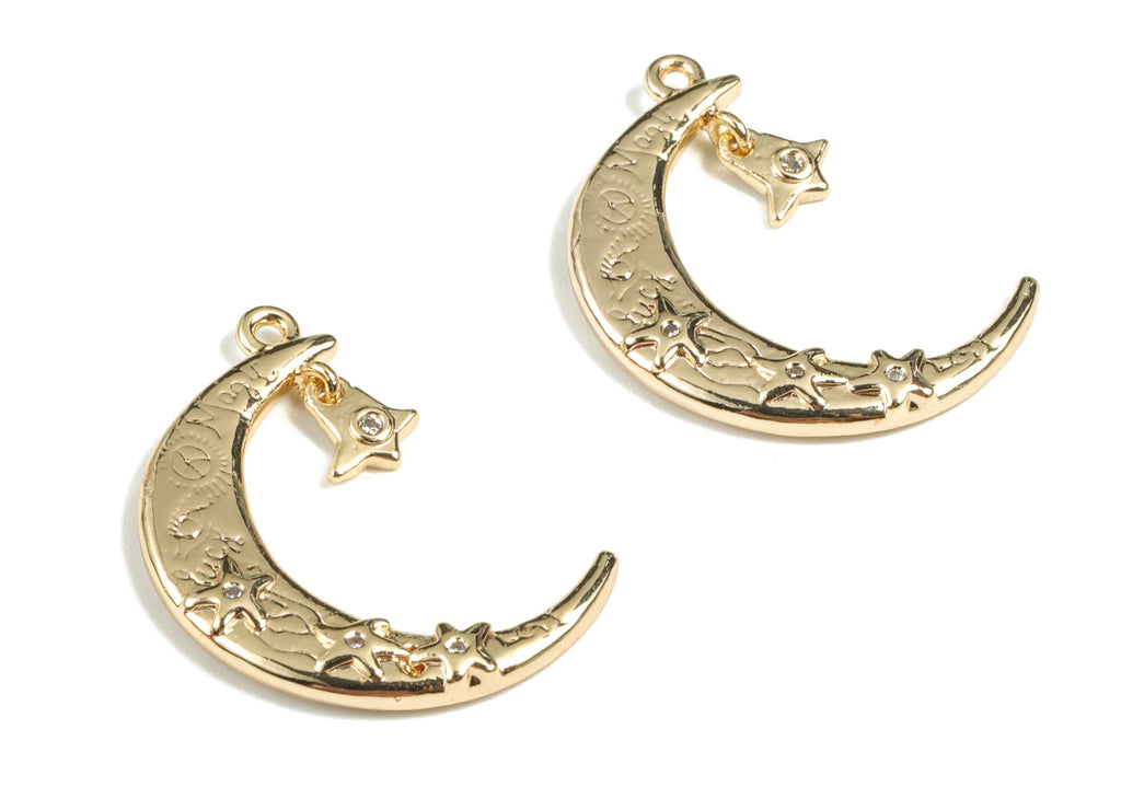 Brass Crescent Star Earring Charms - Gold Moon Pendant - 18K Real Gold Plated Brass - Jewelry Supplies - 27.33x18.77x3mm - RGP2691 - DOMEDBAZAAR