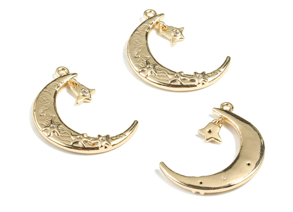 Brass Crescent Star Earring Charms - Gold Moon Pendant - 18K Real Gold Plated Brass - Jewelry Supplies - 27.33x18.77x3mm - RGP2691 - DOMEDBAZAAR