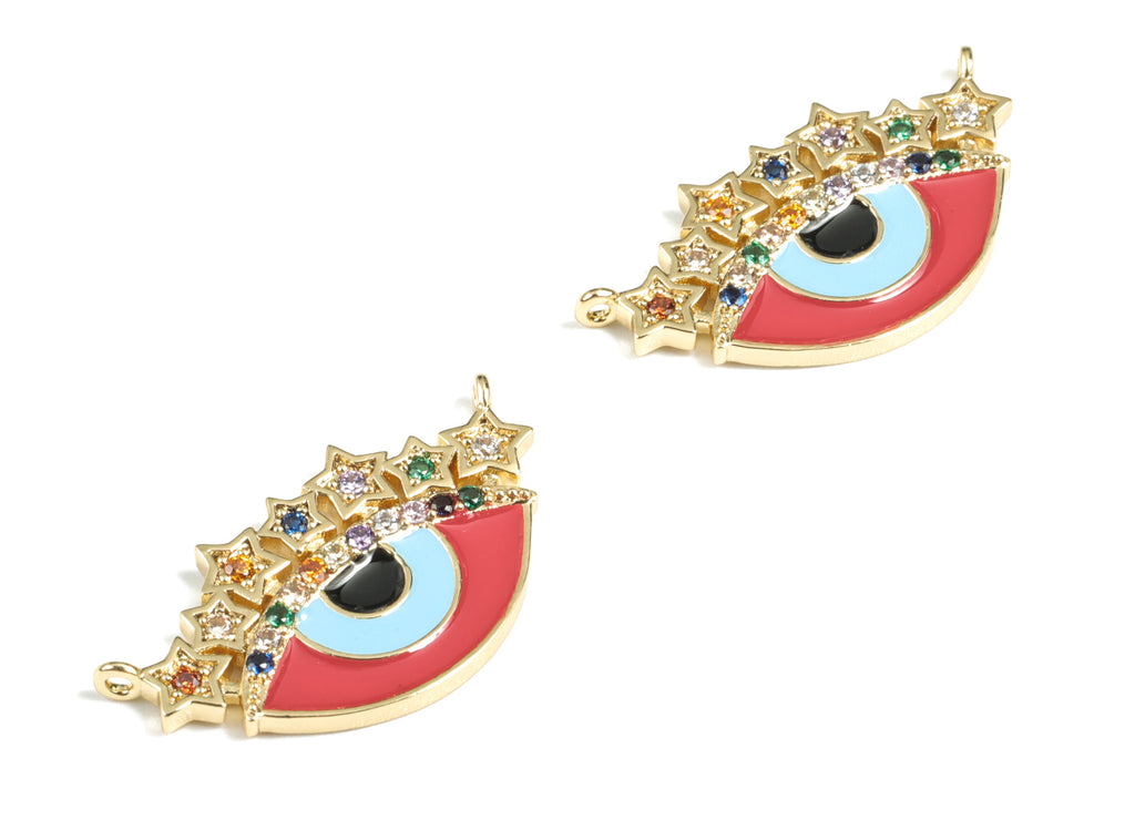 Brass Eye Earring Charms - 18k Real Gold Plated Round Pendant - Enamel Zircon Charm - Jewelry Supplies - 29.08x15.65x2.91mm - RGP2667 - DOMEDBAZAAR