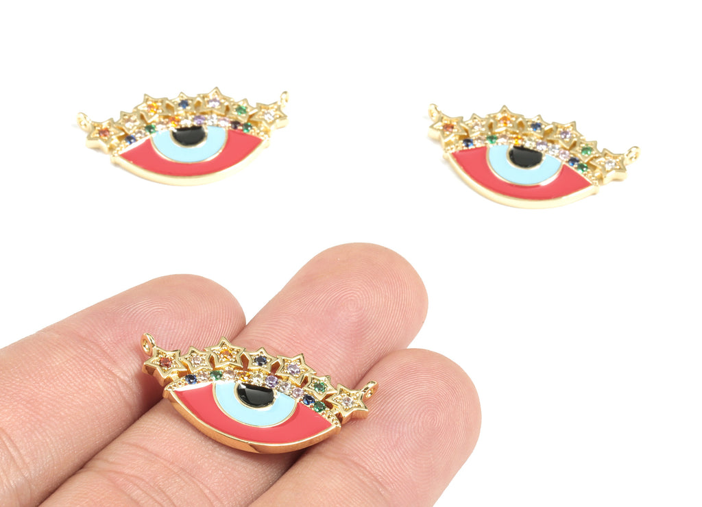Brass Eye Earring Charms - 18k Real Gold Plated Round Pendant - Enamel Zircon Charm - Jewelry Supplies - 29.08x15.65x2.91mm - RGP2667 - DOMEDBAZAAR