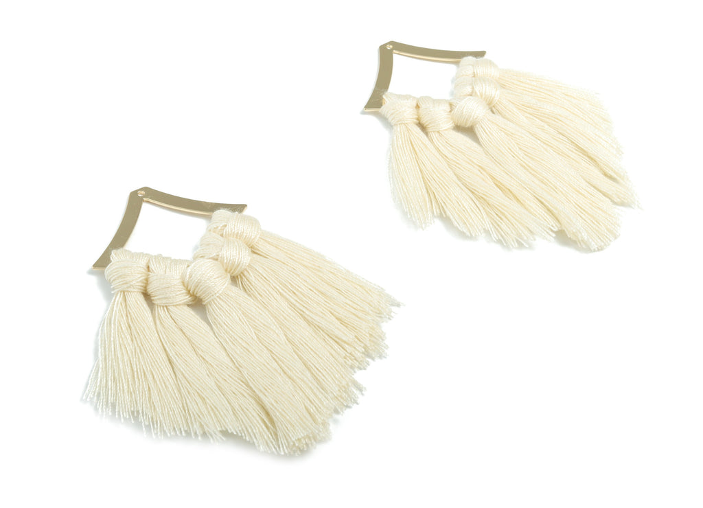 Tassel Earring Charms - Cotton Cream Tassels - Rhombus Gold Brass Earrings - Fringe Tassel - JewelrySupplies - 78.04x40.08x4.6mm - TS1153 - DOMEDBAZAAR