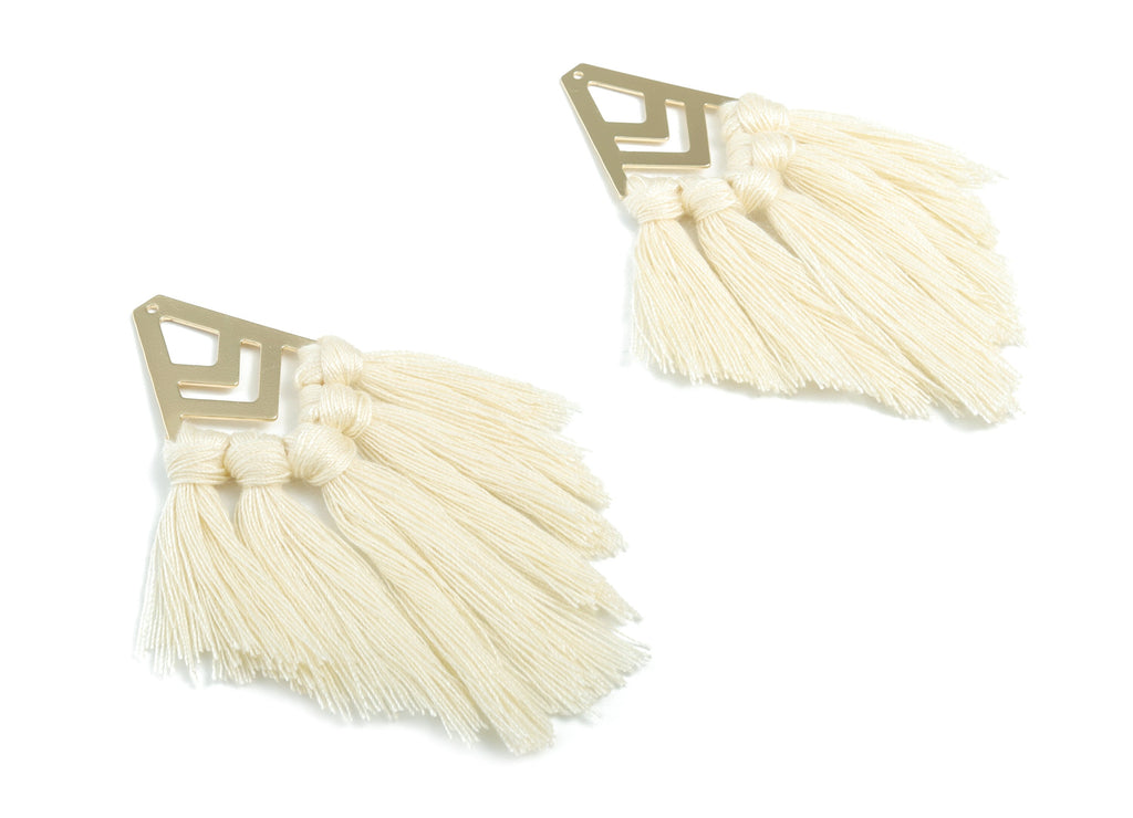 Tassel Earring Charms - Cotton Cream Tassels - Diamond Gold Brass Earrings - Fringe Tassel - JewelrySupplies - 91.67x28.81x4.13mm - TS1155 - DOMEDBAZAAR