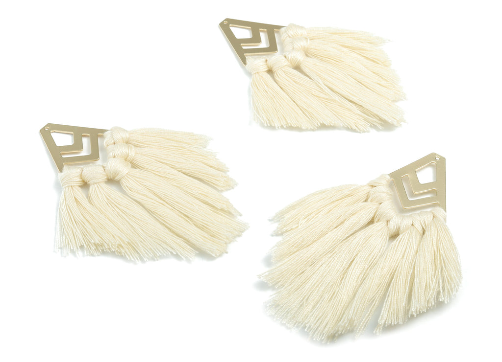 Tassel Earring Charms - Cotton Cream Tassels - Diamond Gold Brass Earrings - Fringe Tassel - JewelrySupplies - 91.67x28.81x4.13mm - TS1155 - DOMEDBAZAAR