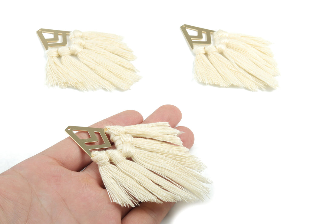 Tassel Earring Charms - Cotton Cream Tassels - Diamond Gold Brass Earrings - Fringe Tassel - JewelrySupplies - 91.67x28.81x4.13mm - TS1155 - DOMEDBAZAAR