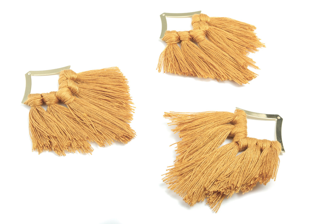 Tassel Earring Charms - Cotton Brown Tassels - Rhombus Gold Brass Earrings - Fringe Tassel - JewelrySupplies - 85.42x40.41x4.56mm - TS1159 - DOMEDBAZAAR