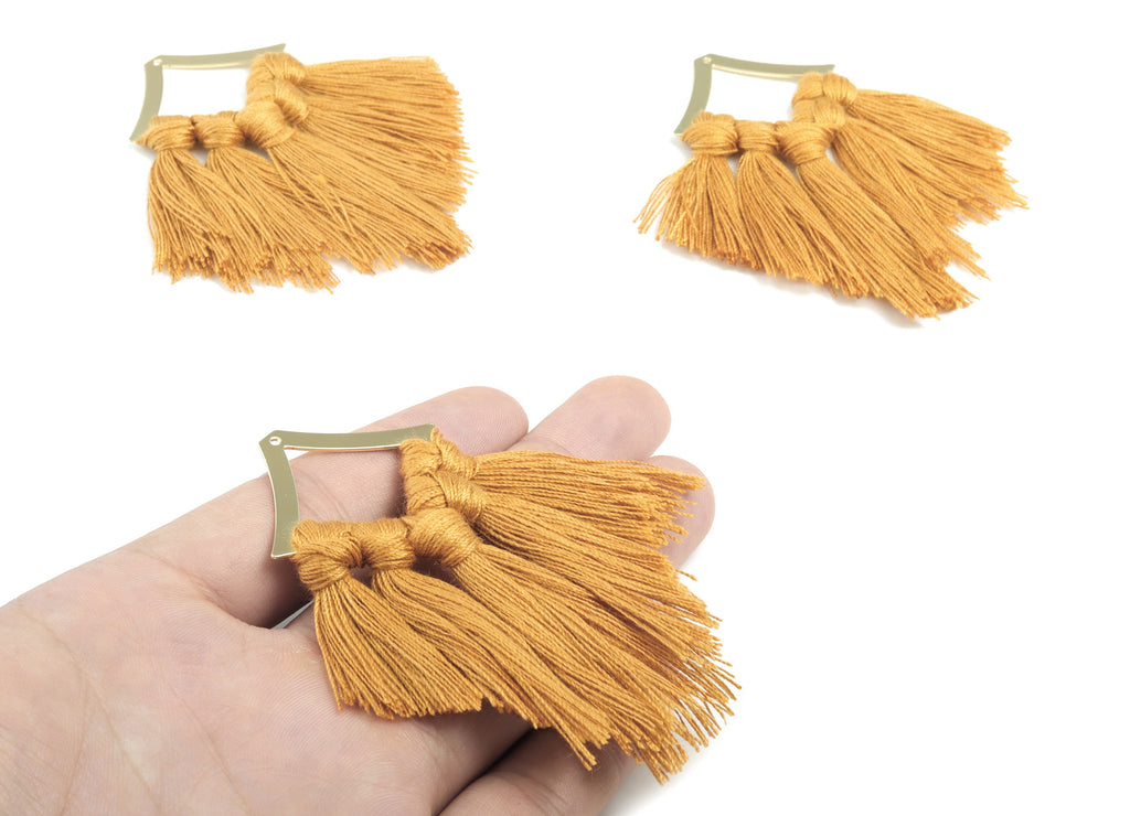 Tassel Earring Charms - Cotton Brown Tassels - Rhombus Gold Brass Earrings - Fringe Tassel - JewelrySupplies - 85.42x40.41x4.56mm - TS1159 - DOMEDBAZAAR