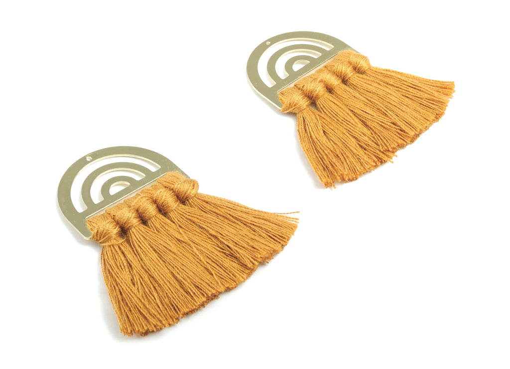 Tassel Earring Charms - Cotton Brown Tassels - D Gold Brass Earrings - Fringe Tassel - JewelrySupplies - 58.56x35.08x5.29mm - TS1160 - DOMEDBAZAAR