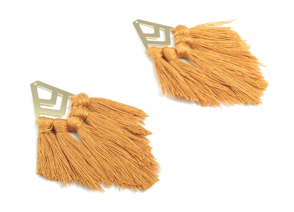 Tassel Earring Charms - Cotton Brown Tassels - Diamond Gold Brass Earrings - Fringe Tassel - JewelrySupplies - 80.1x28.94x5.92mm - TS1161 - DOMEDBAZAAR
