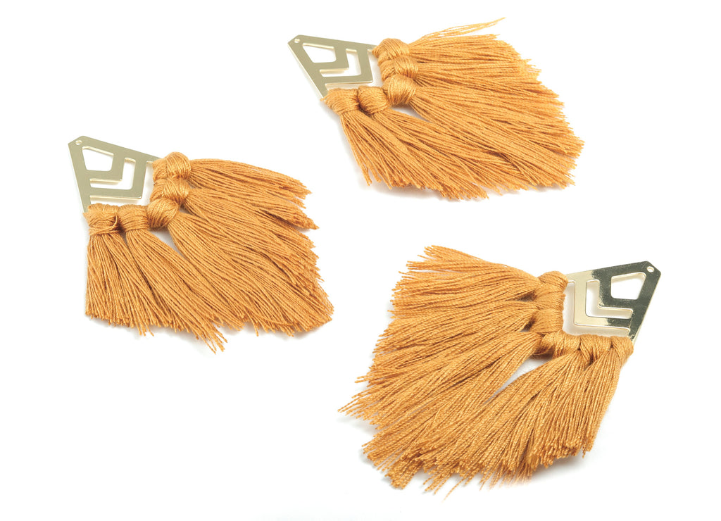 Tassel Earring Charms - Cotton Brown Tassels - Diamond Gold Brass Earrings - Fringe Tassel - JewelrySupplies - 80.1x28.94x5.92mm - TS1161 - DOMEDBAZAAR