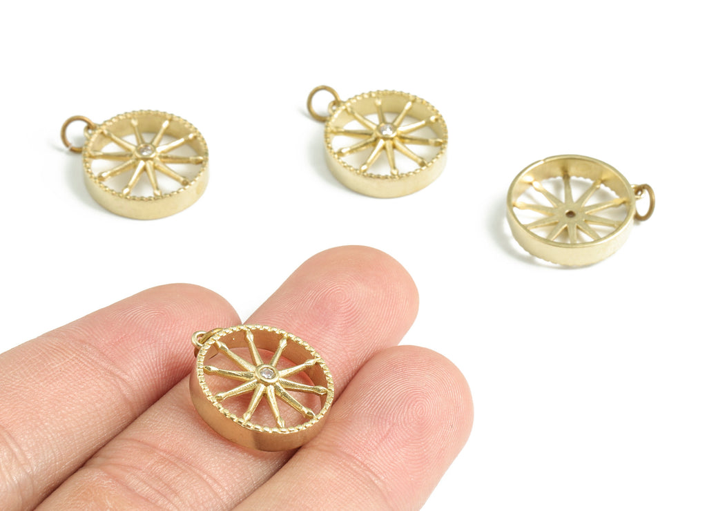 Brass Sun Earring Charms - Raw Brass Star Zircon Round Pendant - Earring Findings - Jewelry Supplies - 22.56x17.07x4.21mm - PP3596 - DOMEDBAZAAR