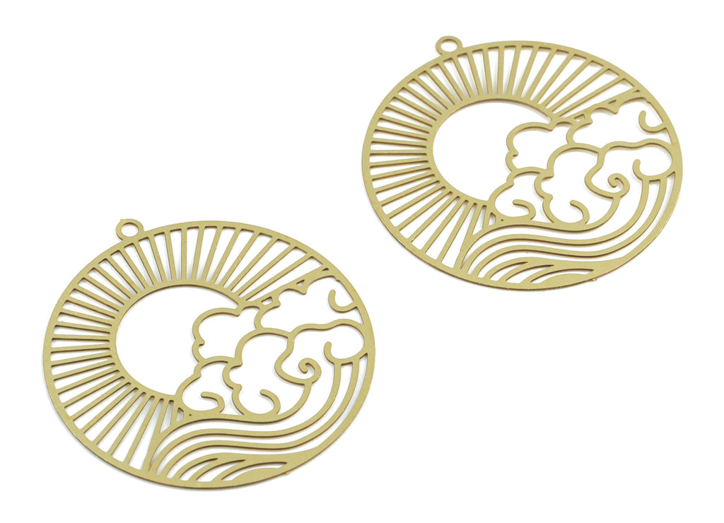 Brass Cloud Sun Circle Earring Charms - Raw Brass  Sun Clouds Round Pendant - Earring Findings - Jewelry Supplies - 32x29.92x0.3mm - JJB6277 - DOMEDBAZAAR