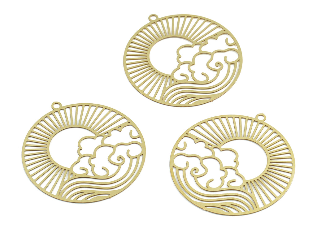 Brass Cloud Sun Circle Earring Charms - Raw Brass  Sun Clouds Round Pendant - Earring Findings - Jewelry Supplies - 32x29.92x0.3mm - JJB6277 - DOMEDBAZAAR