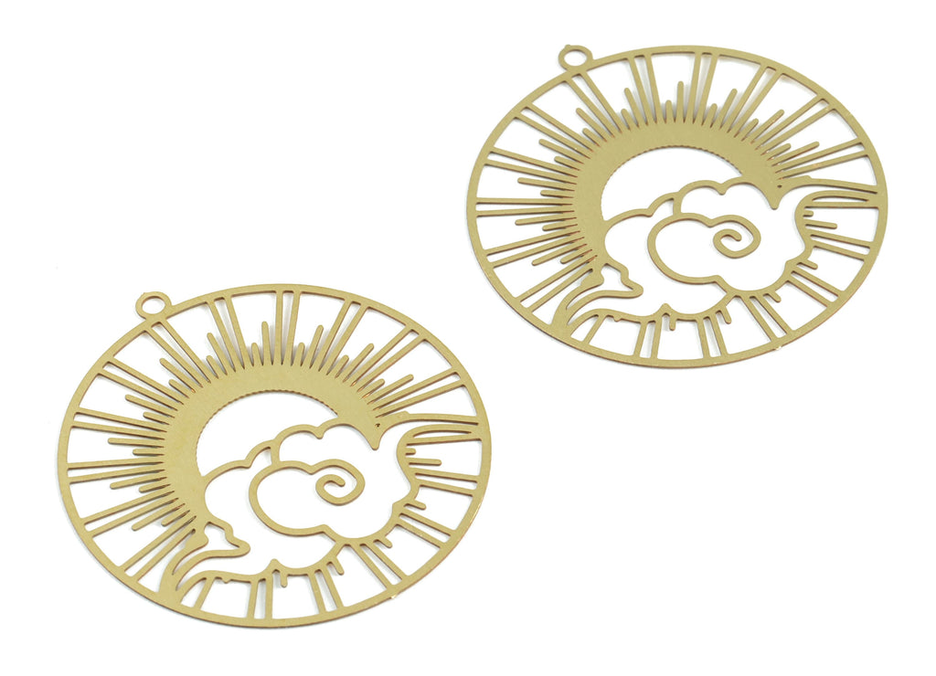 Brass Cloud Sun Circle Earring Charms - Raw Brass Sun Clouds Round Pendant - Earring Findings - Jewelry Supplies - 32.25x30x0.31mm - JJB6279 - DOMEDBAZAAR