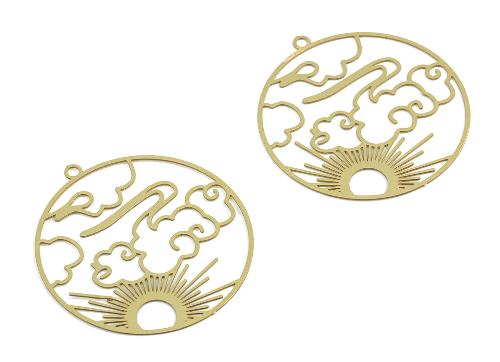 Brass Cloud Sun Circle Earring Charms - Raw Brass Sun Clouds Round Pendant - Earring Findings - Jewelry Supplies - 32.26x29x0.3mm - JJB6280 - DOMEDBAZAAR