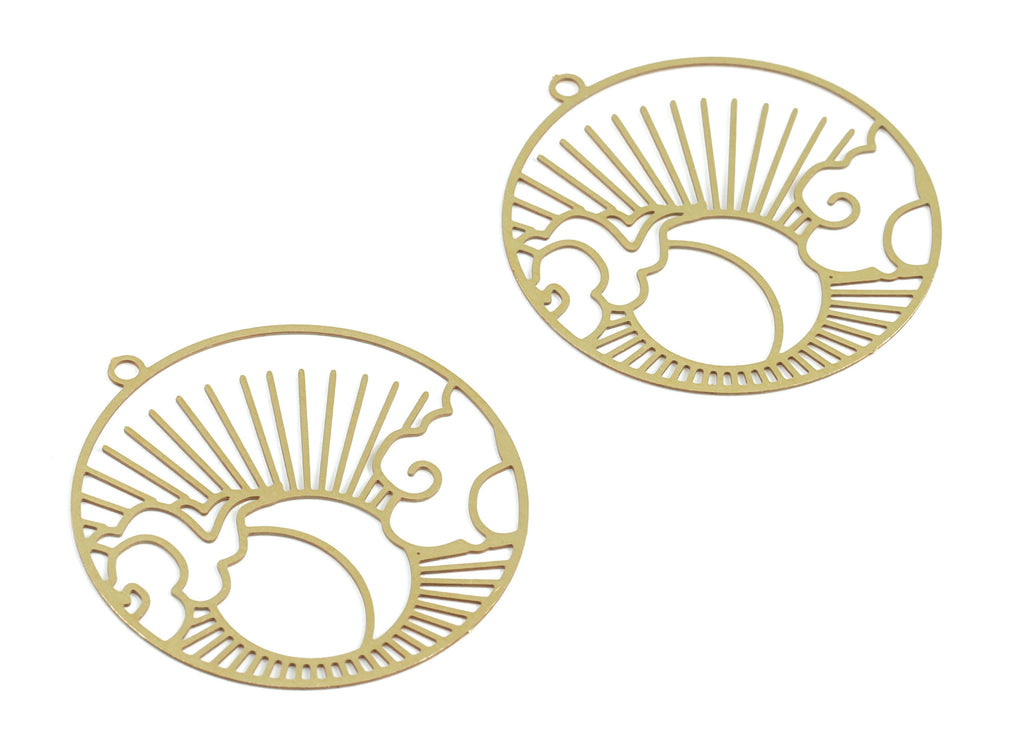 Brass Cloud Sun Circle Earring Charms - Raw Brass Sun Clouds Round Pendant - Earring Findings - Jewelry Supplies - 32.1x29.6x0.3mm - JJB6282 - DOMEDBAZAAR