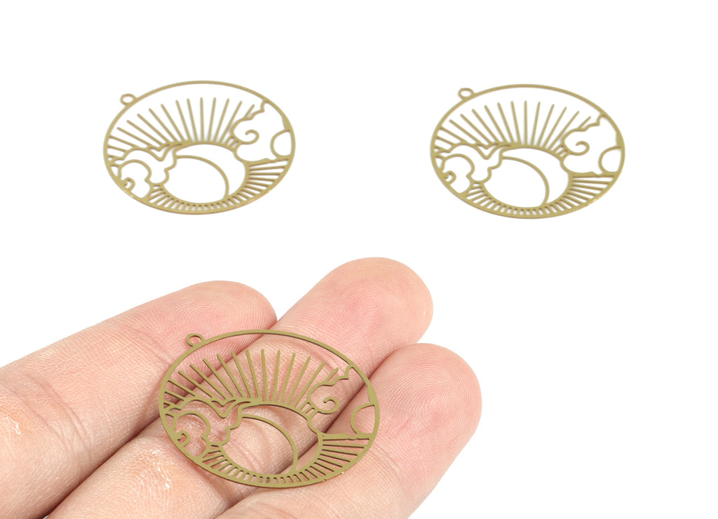 Brass Cloud Sun Circle Earring Charms - Raw Brass Sun Clouds Round Pendant - Earring Findings - Jewelry Supplies - 32.1x29.6x0.3mm - JJB6282 - DOMEDBAZAAR