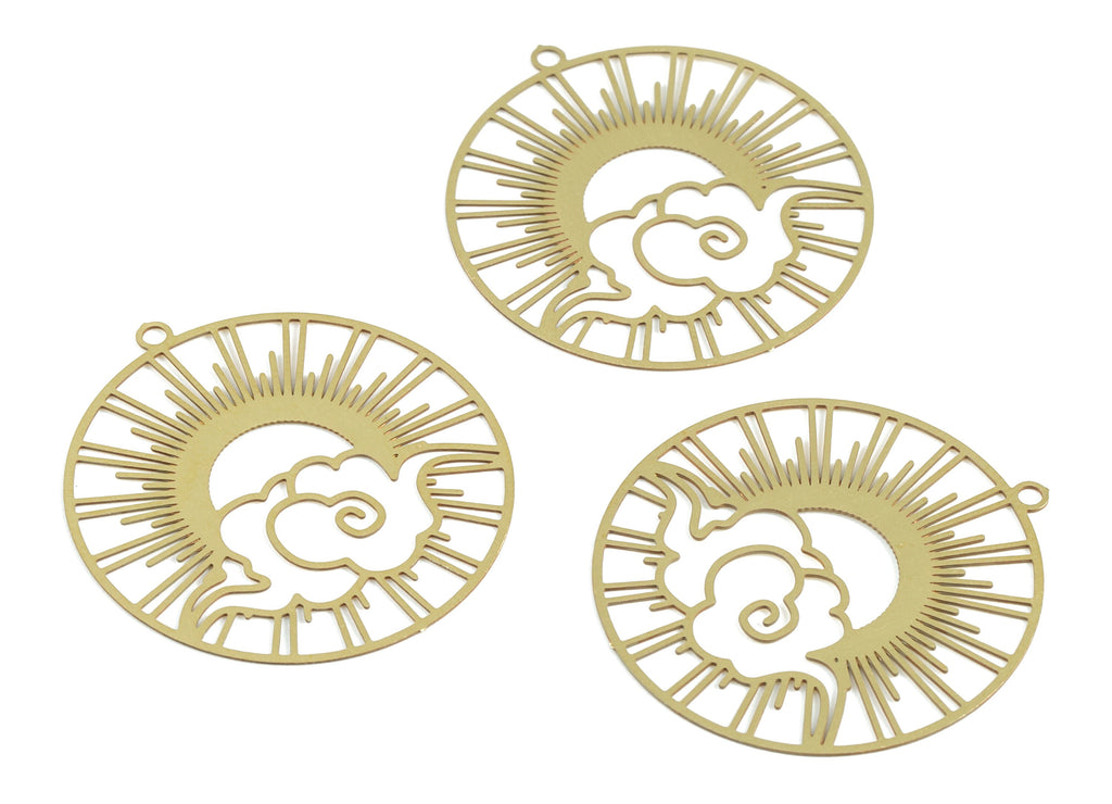 Brass Cloud Sun Circle Earring Charms - Raw Brass Sun Clouds Round Pendant - Earring Findings - Jewelry Supplies - 32.25x30x0.31mm - JJB6279 - DOMEDBAZAAR