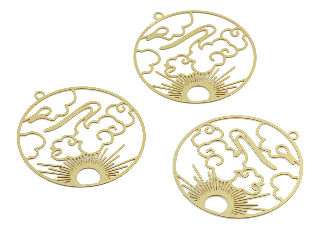 Brass Cloud Sun Circle Earring Charms - Raw Brass Sun Clouds Round Pendant - Earring Findings - Jewelry Supplies - 32.26x29x0.3mm - JJB6280 - DOMEDBAZAAR