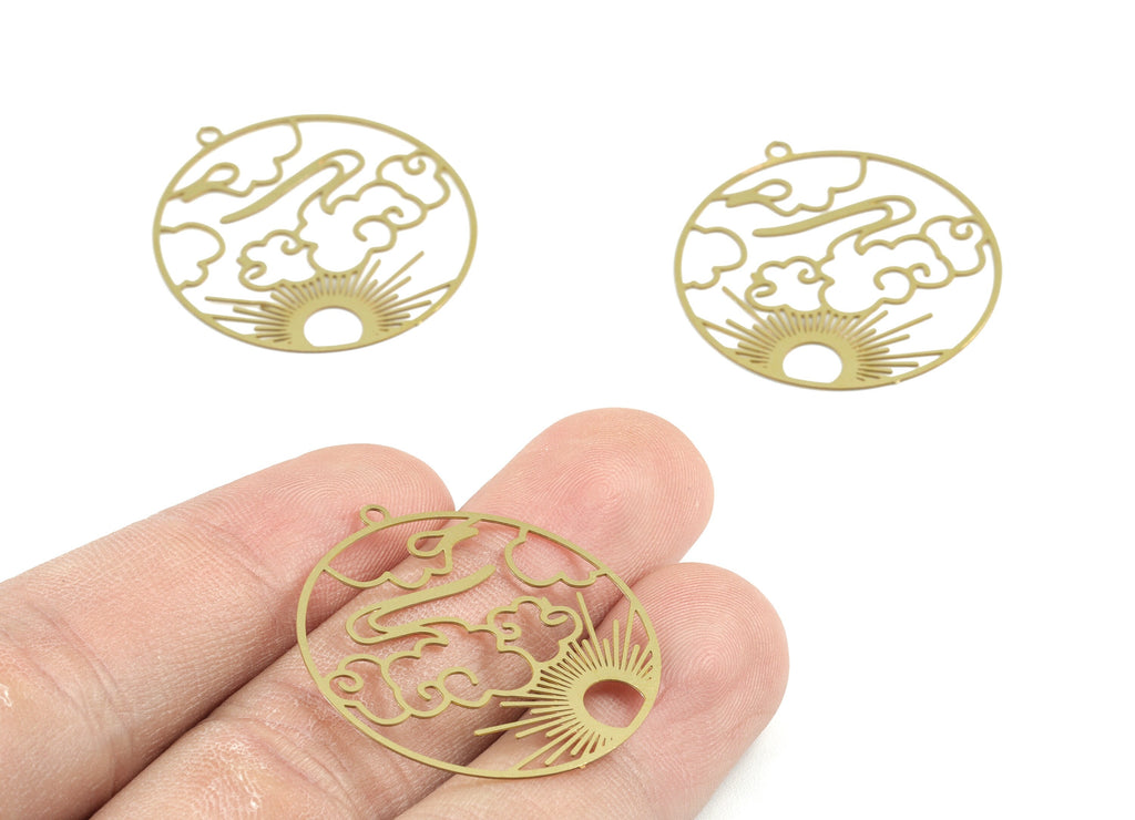 Brass Cloud Sun Circle Earring Charms - Raw Brass Sun Clouds Round Pendant - Earring Findings - Jewelry Supplies - 32.26x29x0.3mm - JJB6280 - DOMEDBAZAAR