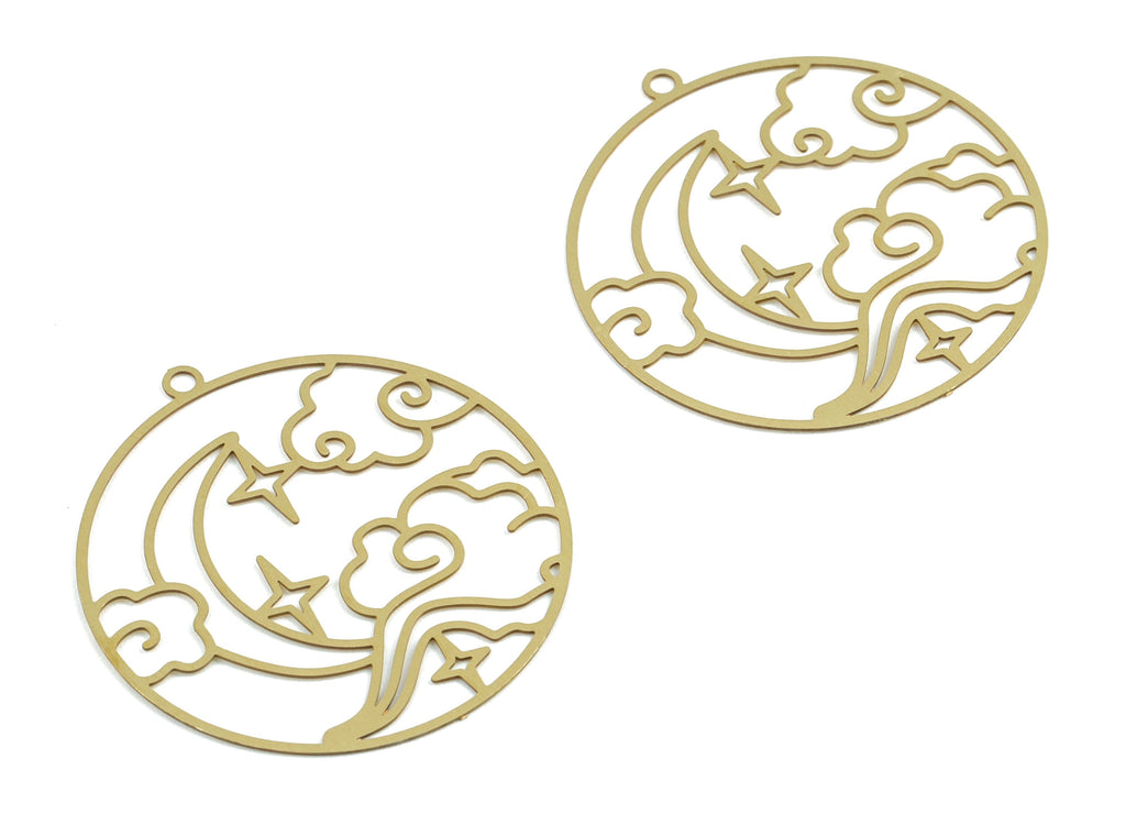 Brass Cloud Moon Earring Charms - Raw Brass Crescent Clouds Round Pendant - Earring Findings - Jewelry Supplies - 31.98x29.8x0.3mm - JJB6281 - DOMEDBAZAAR