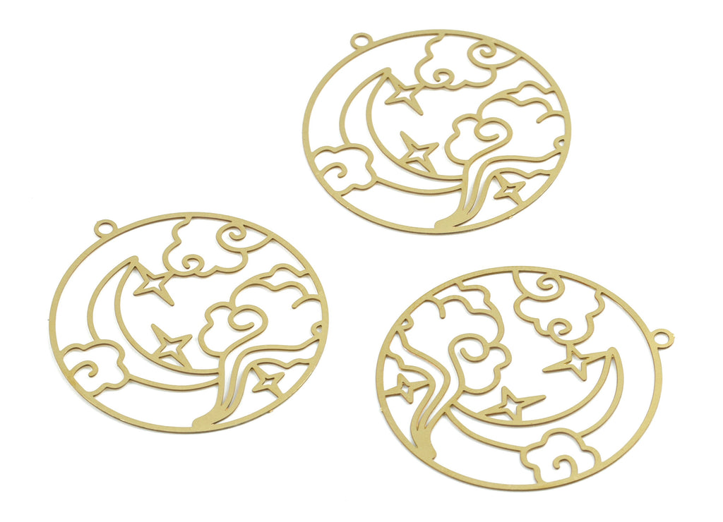 Brass Cloud Moon Earring Charms - Raw Brass Crescent Clouds Round Pendant - Earring Findings - Jewelry Supplies - 31.98x29.8x0.3mm - JJB6281 - DOMEDBAZAAR