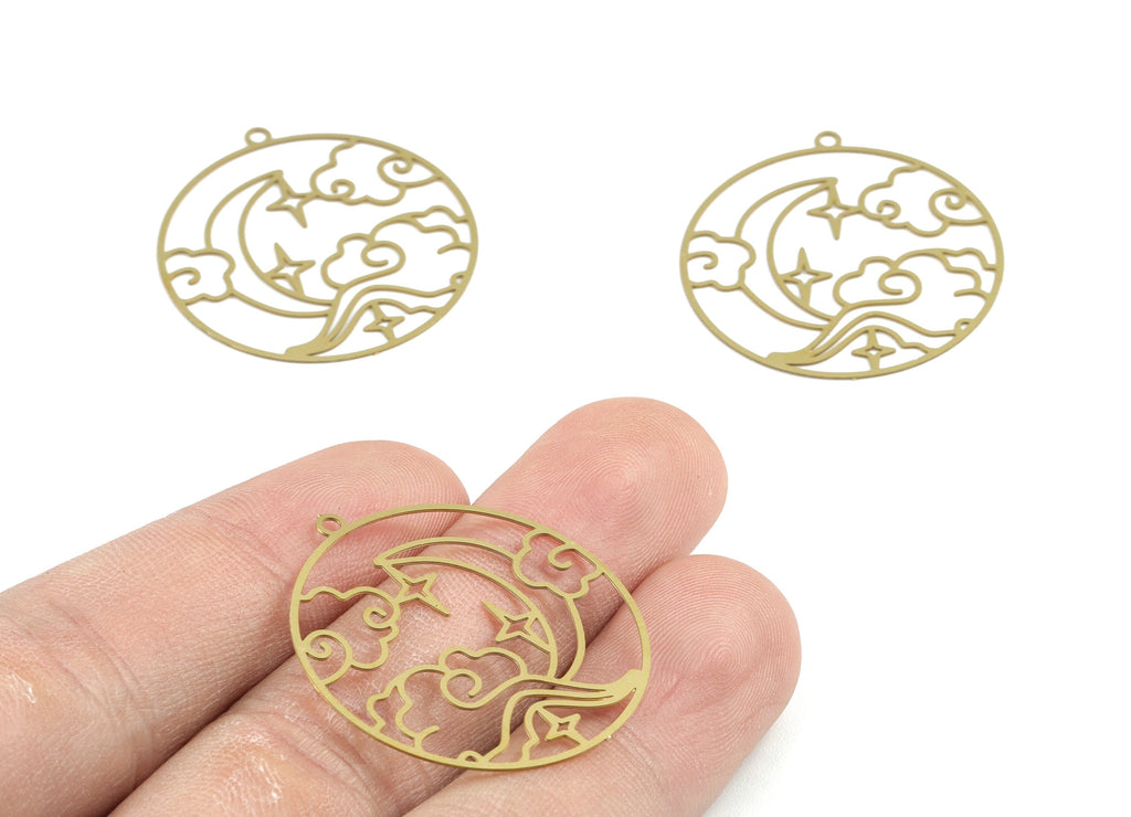 Brass Cloud Moon Earring Charms - Raw Brass Crescent Clouds Round Pendant - Earring Findings - Jewelry Supplies - 31.98x29.8x0.3mm - JJB6281 - DOMEDBAZAAR