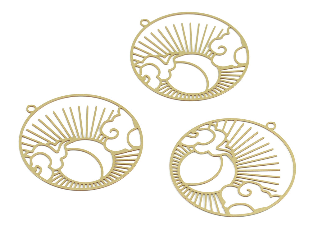 Brass Cloud Sun Circle Earring Charms - Raw Brass Sun Clouds Round Pendant - Earring Findings - Jewelry Supplies - 32.1x29.6x0.3mm - JJB6282 - DOMEDBAZAAR