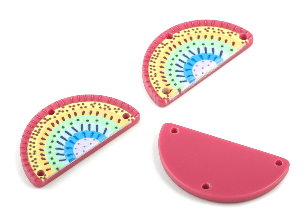 Acrylic Semi Circle Rainbow Earring Connector - 3 Holes -  Half Moon Connector For Earring and Necklace - 28.04x14.81x2.66mm - AC2037 - DOMEDBAZAAR