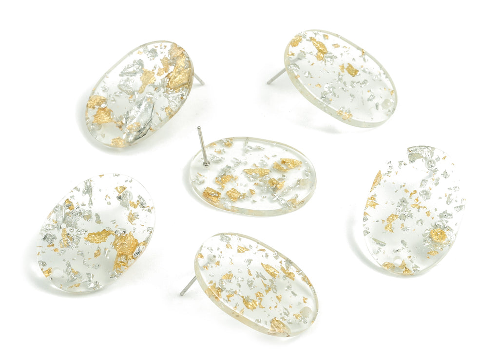 Acetate Oval Earring Stud - Gold Silver Foil & Confetti Oval Earring Post and Stud - Color Code: A501 - 26x19x2.6mm - AC1002-A501 - DOMEDBAZAAR