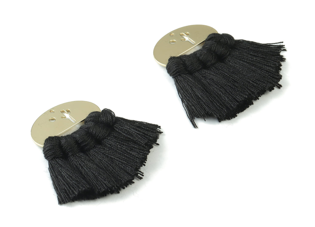 Gold Tone Plated Oval Brass - Oval Tassel Earring Charms - Cotton Black Tassels - Fringe Tassel - 45.4x30.1x3.75mm - TSM3068B - DOMEDBAZAAR