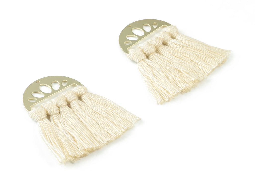 Gold Tone Plated Semi circle Brass - Half Moon Tassel Earring Charms - Cotton Cream Tassels - Fringe Tassel - 49.92x35.24x4.92mm - TSM3065C - DOMEDBAZAAR