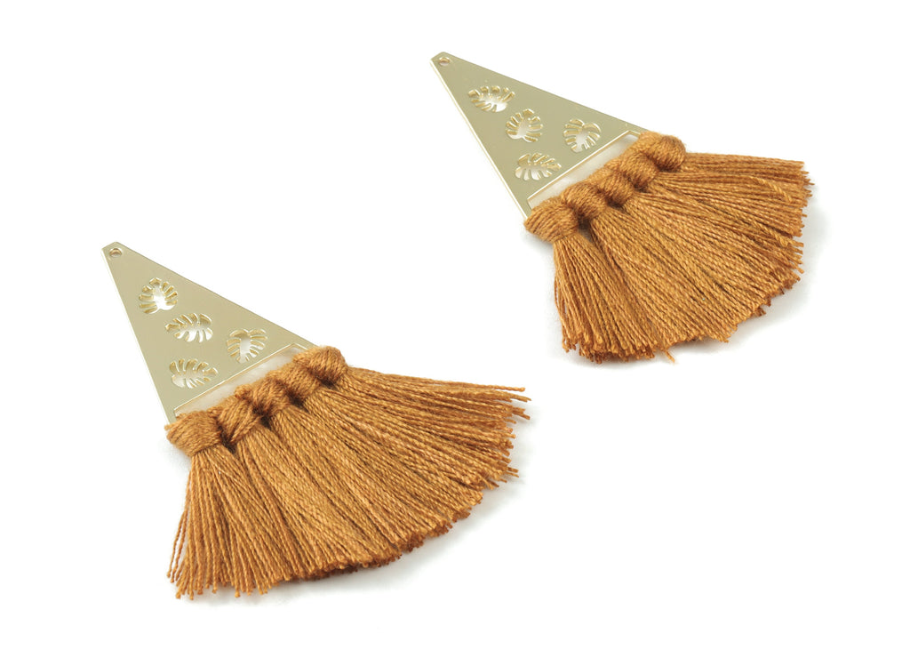 Gold Tone Plated Triangle Brass Cotton - Triangle Tassel Earring Charms - Brown Tassels - Fringe Tassel - 64.98x24.92x3.41mm - TSM3084BR - DOMEDBAZAAR