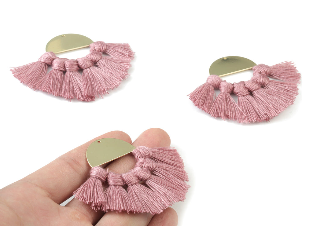 Gold Tone Plated Semi circle Brass - Round Tassel Earring Charms - Cotton Purple Tassels - Fringe Tassel - 60.41x31.52x3.4mm - TSM3064P - DOMEDBAZAAR