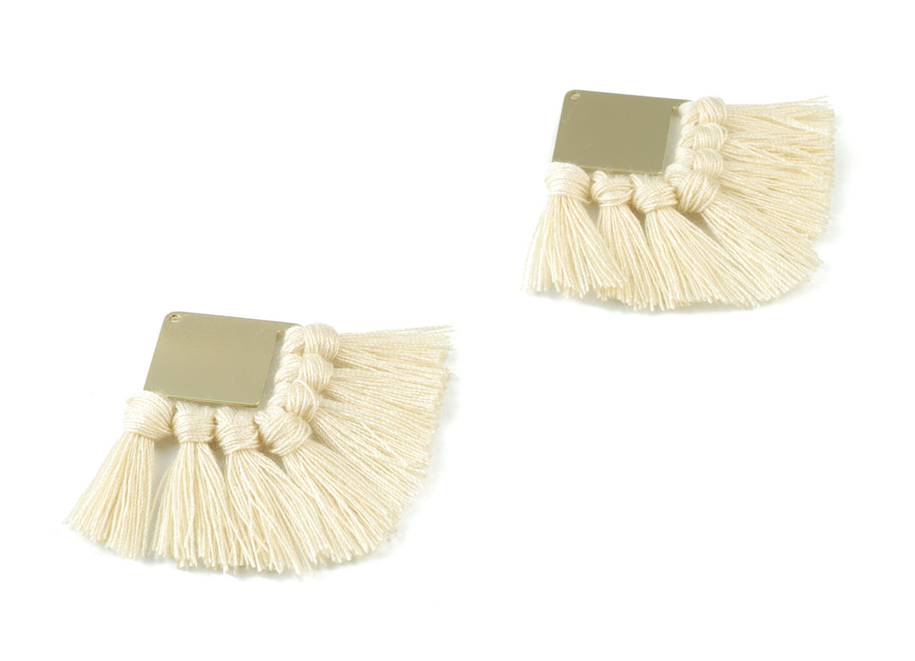 Gold Tone Plated Square Brass - Square Tassel Earring Charms - Cotton Cream Tassels - Fringe Tassel - 58.99x30.22x2.98mm - TSM3071C - DOMEDBAZAAR