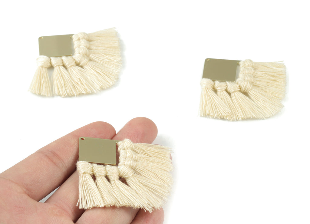 Gold Tone Plated Square Brass - Square Tassel Earring Charms - Cotton Cream Tassels - Fringe Tassel - 58.99x30.22x2.98mm - TSM3071C - DOMEDBAZAAR