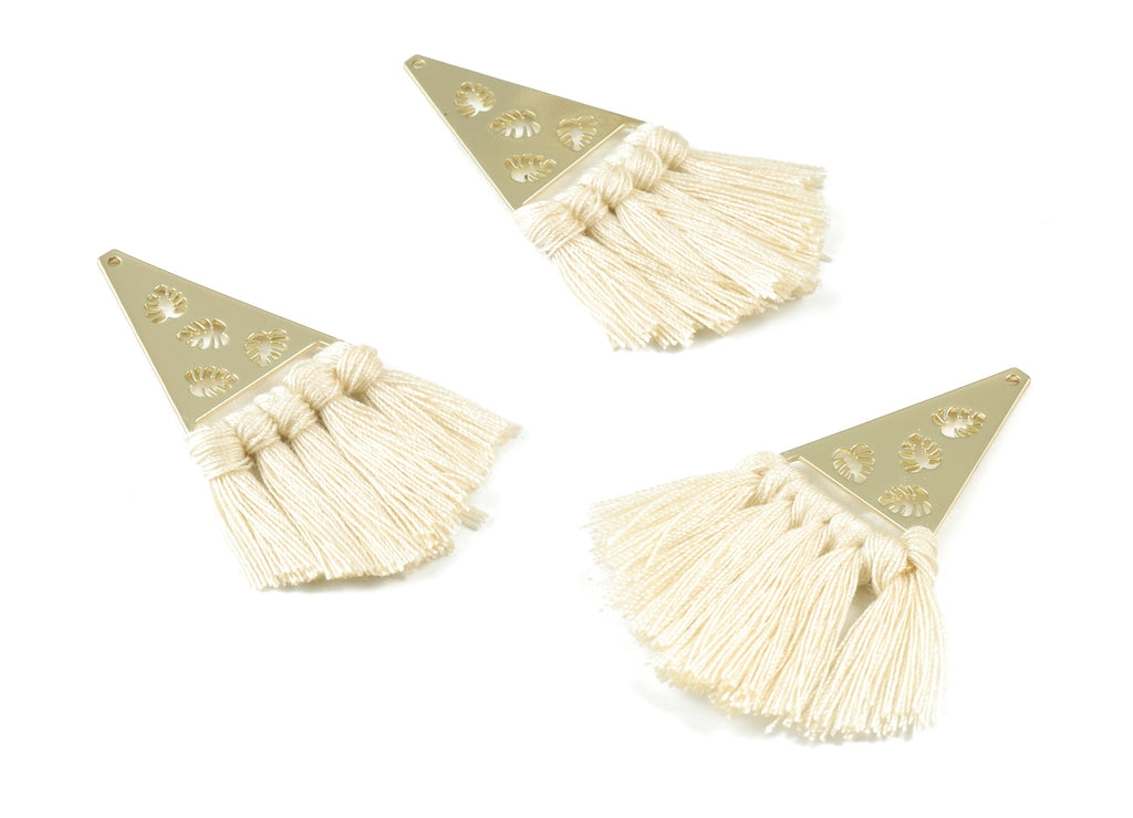 Gold Tone Plated Triangle Brass Cotton - Triangle Tassel Earring Charms - Cream Tassels - Fringe Tassel - 64.98x24.92x3.41mm - TSM3084C - DOMEDBAZAAR