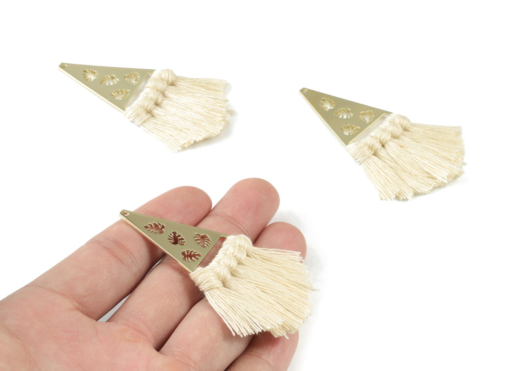 Gold Tone Plated Triangle Brass Cotton - Triangle Tassel Earring Charms - Cream Tassels - Fringe Tassel - 64.98x24.92x3.41mm - TSM3084C - DOMEDBAZAAR