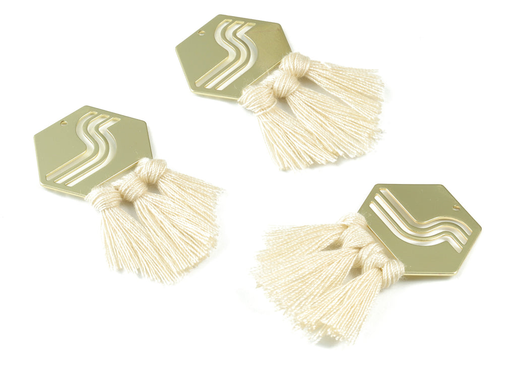 Hexagon Tassel Earring Charms - KC Gold Tone Plated Hexagon Brass - Cotton Cream Tassels - Fringe Tassel - 53.8x30.05x3.1mm - TSM1949C - DOMEDBAZAAR