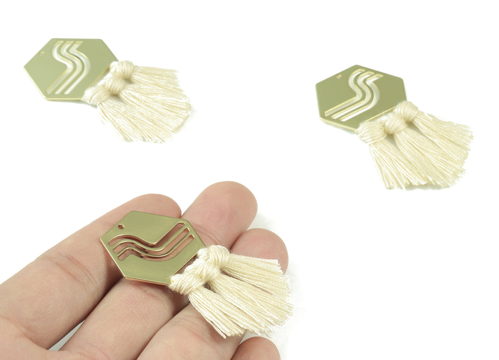 Hexagon Tassel Earring Charms - KC Gold Tone Plated Hexagon Brass - Cotton Cream Tassels - Fringe Tassel - 53.8x30.05x3.1mm - TSM1949C - DOMEDBAZAAR