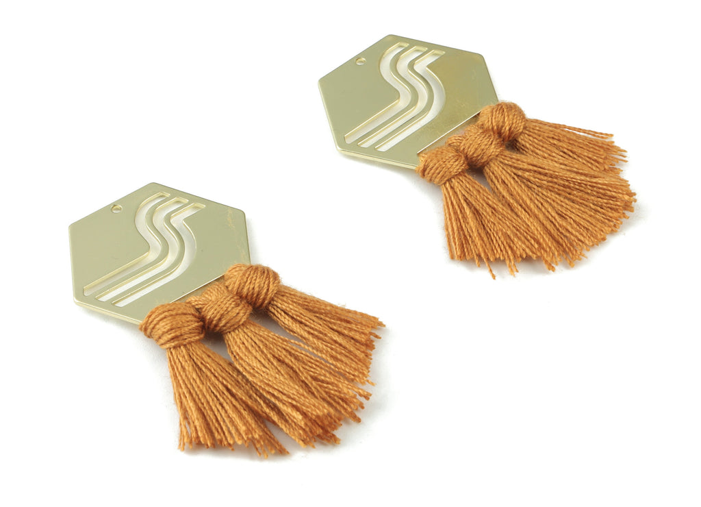 Gold Tone Plated Hexagon Brass - Hexagon Tassel Earring Charms - Cotton Brown Tassels - Fringe Tassel - 53.8x30.05x3.1mm - TSM1949BR - DOMEDBAZAAR