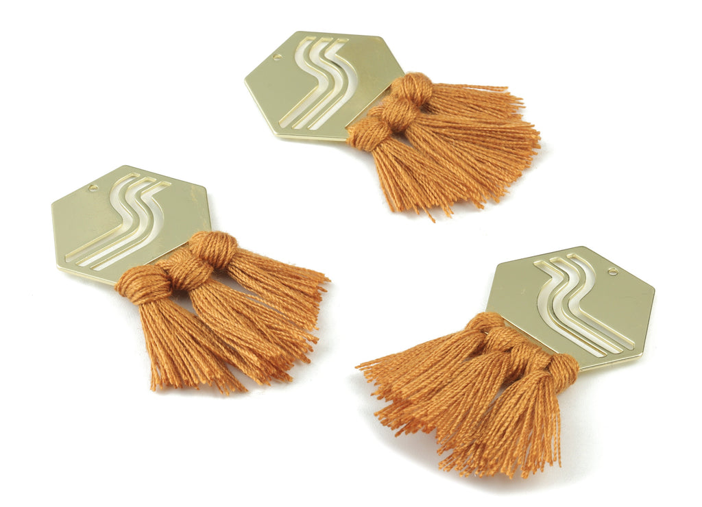 Gold Tone Plated Hexagon Brass - Hexagon Tassel Earring Charms - Cotton Brown Tassels - Fringe Tassel - 53.8x30.05x3.1mm - TSM1949BR - DOMEDBAZAAR