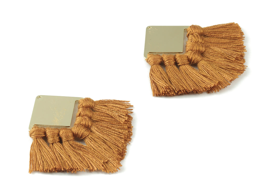 Gold Tone Plated Square Brass - Square Tassel Earring Charms - Cotton Brown Tassels - Fringe Tassel - 58.99x30.22x2.98mm - TSM3071BR - DOMEDBAZAAR