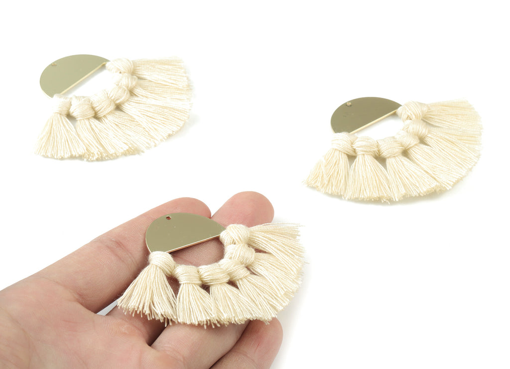 Gold Tone Plated Semi circle Brass - Round Tassel Earring Charms - Cotton Cream Tassels - Fringe Tassel - 60.41x31.52x3.4mm - TSM3064C - DOMEDBAZAAR