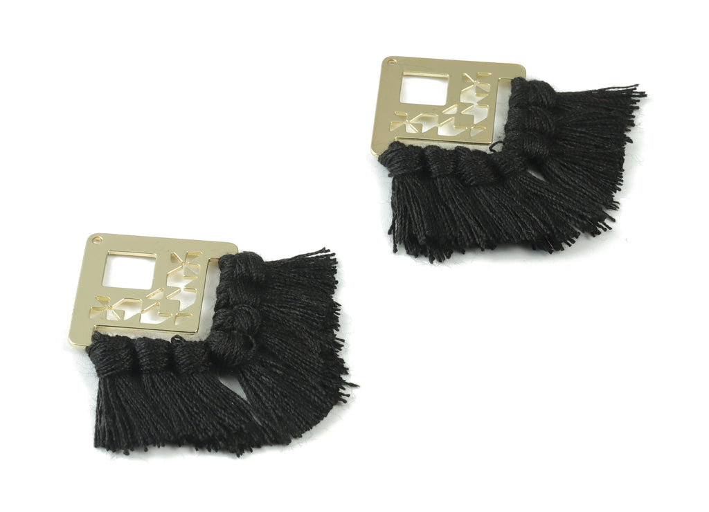 Gold Tone Plated Square Brass - Square Tassel Earring Charms - Cotton Black Tassels - Fringe Tassel - 54.49x35.16x2.68mm - TSM3075B - DOMEDBAZAAR